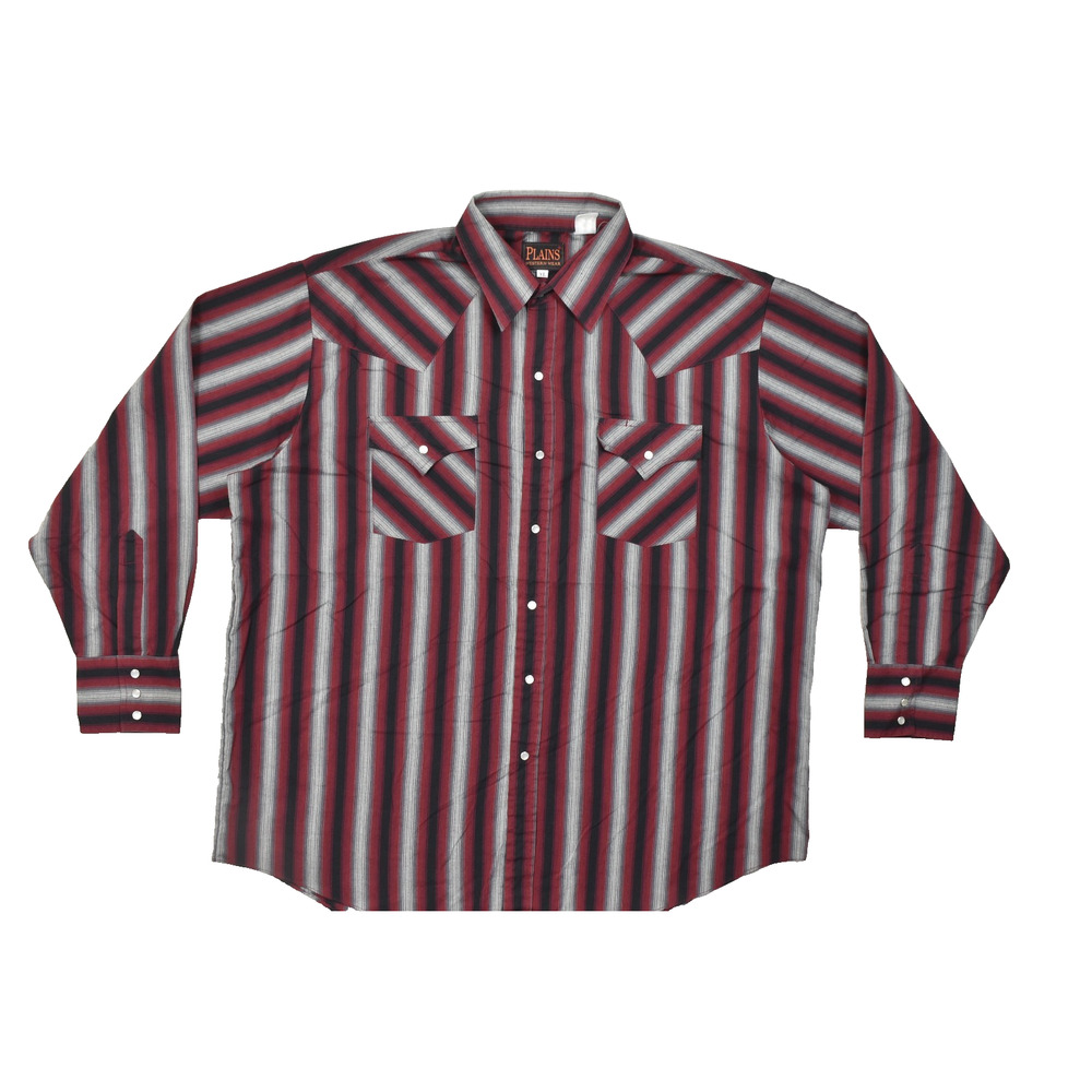 Plains Western Wear Shirt Mens XL Long Sleeve Pearl Snap Red Grey Black Striped